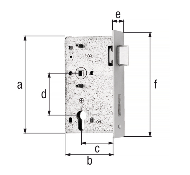 Ersatzschloss, mit versenkten Schraublöchern, Dornmaß 65 mm, Material: Stahl roh, Oberfläche: verzinkt, Höhe: 164 mm, Tiefe: 98 mm, Dornmaß: 65 mm, Entfernung: 72 mm, Stulpbreite: 43 mm, Stulphöhe: 180,2 mm, für Schlosskasten: 50 mm Ersatzschloss, mit versenkten Schraublöchern, Dornmaß 65 mm, Material: Stahl roh, Oberfläche: verzinkt, Höhe: 164 mm, Tiefe: 98 mm, Dornmaß: 65 mm, Entfernung: 72 mm, Stulpbreite: 43 mm, Stulphöhe: 180,2 mm, für Schlosskasten: 50 mm