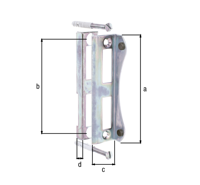 Cerradero para cajas de cerraduras, con agujeros para atornillar avellanados, Material: Acero crudo, Superficie: galvanizado, Altura: 188 mm, Distancia del centro hasta el centro del agujero : 162 mm, Profundidad: 30 mm, Altura total parte inferior: 20 mm Cerradero para cajas de cerraduras, con agujeros para atornillar avellanados, Material: Acero crudo, Superficie: galvanizado, Altura: 188 mm, Distancia del centro hasta el centro del agujero : 162 mm, Profundidad: 30 mm, Altura total parte inferior: 20 mm