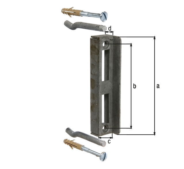 Cerradero para cajas de cerraduras, con agujeros para atornillar avellanados, Material: Acero crudo, Superficie: galvanizado en caliente, Altura: 172 mm, Distancia del centro hasta el centro del agujero : 146 mm, Profundidad: 30 mm, Altura total: 25 mm Cerradero para cajas de cerraduras, con agujeros para atornillar avellanados, Material: Acero crudo, Superficie: galvanizado en caliente, Altura: 172 mm, Distancia del centro hasta el centro del agujero : 146 mm, Profundidad: 30 mm, Altura total: 25 mm