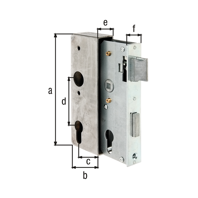 Lock case with galvanised lock, with countersunk screw holes, backset 40 mm, Material: case: raw steel, lock: raw steel, Surface: lock: galvanised, Height: 170 mm, Width: 60 mm, Size back set: 40 mm, Distance: 72 mm, Wide strike plate holder: 30 mm, Strike plate width: 24 mm, Strike plate height: 166 mm, Socket: 8 x 8 mm Lock case with galvanised lock, with countersunk screw holes, backset 40 mm, Material: case: raw steel, lock: raw steel, Surface: lock: galvanised, Height: 170 mm, Width: 60 mm, Size back set: 40 mm, Distance: 72 mm, Wide strike plate holder: 30 mm, Strike plate width: 24 mm, Strike plate height: 166 mm, Socket: 8 x 8 mm