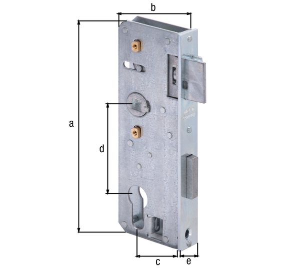 Replacement lock, with countersunk screw holes, backset 40 mm, Material: raw steel, Surface: galvanised, Height: 166 mm, Depth: 54 mm, Size back set: 40 mm, Distance: 72 mm, Strike plate width: 24 mm, Strike plate height: 166 mm, For lock casing: 30 mm Replacement lock, with countersunk screw holes, backset 40 mm, Material: raw steel, Surface: galvanised, Height: 166 mm, Depth: 54 mm, Size back set: 40 mm, Distance: 72 mm, Strike plate width: 24 mm, Strike plate height: 166 mm, For lock casing: 30 mm