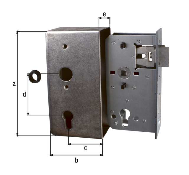 Boitier avec serrure galvanisée, avec trous de vis fraisés, axe de 55 mm, Matériau: Boîtier : Acier brut, serrure : Acier brut, Finition: serrure : galvanisée, Hauteur: 185 mm, Largeur: 90 mm, Distance axe: 55 mm, Entre axe: 72 mm, Largeur du logement de la têtière: 30 mm, Largeur de la têtière: 24 mm, Hauteur de têtière: 180 mm, Barillet: 8,8 x 8,8 mm