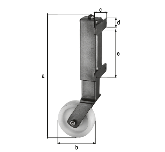 Gate track roller for heavy gates, for gates weighing up to 450 kg, Material: raw steel, Surface: hot-dip galvanised, for screwing on, Height: 400 mm, Roller dia.: 125 mm, Plate width: 130 mm, Plate height: 30 mm, Distance from middle to middle of hole: 150 mm, No. of holes: 4, Hole: Ø8.5 mm Gate track roller for heavy gates, for gates weighing up to 450 kg, Material: raw steel, Surface: hot-dip galvanised, for screwing on, Height: 400 mm, Roller dia.: 125 mm, Plate width: 130 mm, Plate height: 30 mm, Distance from middle to middle of hole: 150 mm, No. of holes: 4, Hole: Ø8.5 mm