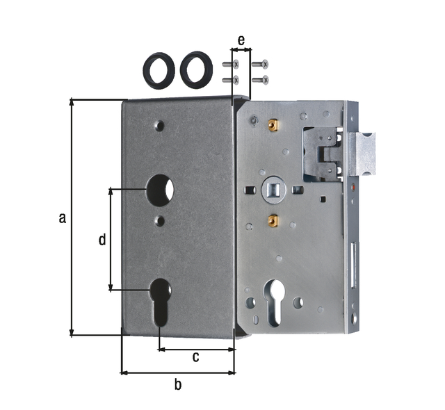Boitier avec serrure galvanisée, avec trous de vis fraisés, axe de 60 mm, Matériau: Boîtier : Acier brut, serrure : Acier brut, Finition: serrure : galvanisée, Hauteur: 172 mm, Largeur: 94 mm, Distance axe: 60 mm, Entre axe: 72 mm, Largeur du logement de la têtière: 30 mm, Largeur de la têtière: 24 mm