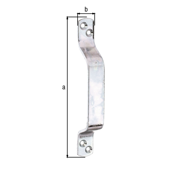 Gate handle, with countersunk screw holes, Material: raw steel, Surface: galvanised, thick-film passivated, Total length: 168 mm, Width: 20 mm, Material thickness: 3.50 mm, No. of holes: 4, Hole: Ø5 mm Gate handle, with countersunk screw holes, Material: raw steel, Surface: galvanised, thick-film passivated, Total length: 168 mm, Width: 20 mm, Material thickness: 3.50 mm, No. of holes: 4, Hole: Ø5 mm