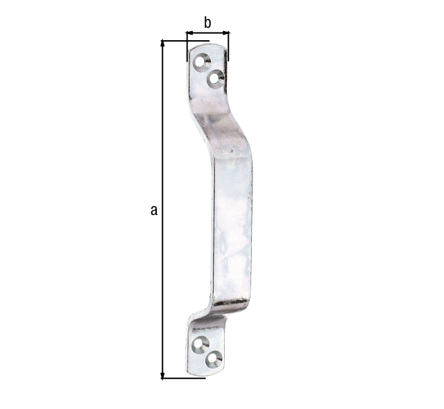 Gate handle, with countersunk screw holes, Material: raw steel, Surface: galvanised, thick-film passivated, Total length: 168 mm, Width: 20 mm, Material thickness: 3.50 mm, No. of holes: 4, Hole: Ø5 mm Gate handle, with countersunk screw holes, Material: raw steel, Surface: galvanised, thick-film passivated, Total length: 168 mm, Width: 20 mm, Material thickness: 3.50 mm, No. of holes: 4, Hole: Ø5 mm