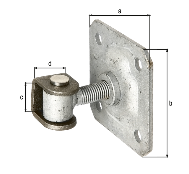 Gate hinge with U-bracket for welding and plate for screwing on, Material: U-clip: raw steel, connecting bolt and circlip: stainless steel, Surface: plate and eye screw: hot-dip galvanised, Width: 100 mm, Height: 100 mm, eye height: 37 mm, Clip width: 30 mm, can be adjusted by: 20 mm, Thread: M16, No. of holes: 4, Hole: Ø11 mm Gate hinge with U-bracket for welding and plate for screwing on, Material: U-clip: raw steel, connecting bolt and circlip: stainless steel, Surface: plate and eye screw: hot-dip galvanised, Width: 100 mm, Height: 100 mm, eye height: 37 mm, Clip width: 30 mm, can be adjusted by: 20 mm, Thread: M16, No. of holes: 4, Hole: Ø11 mm