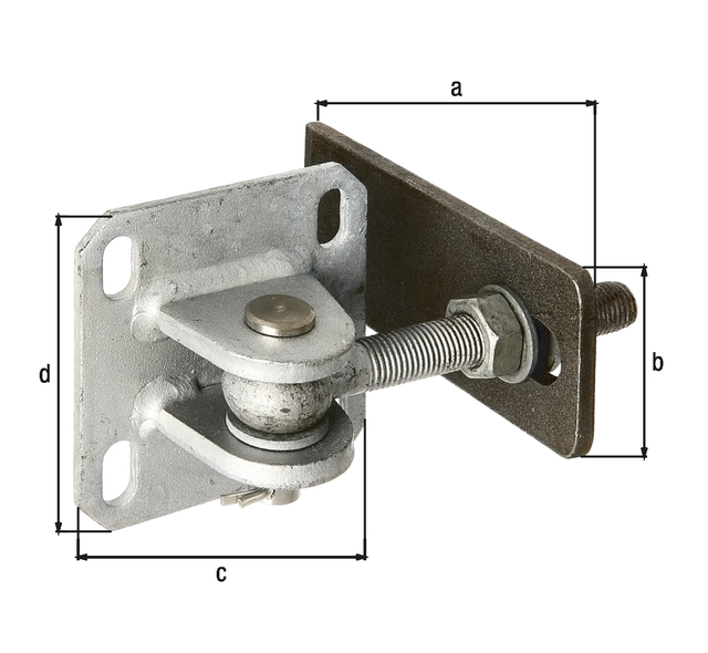 Gond réglable sur platine à visser, ajustable sur trois niveaux, Matériau: Patte à souder : Acier brut, Finition: Platine, tige filetée, vis, écrous et rondelles : galvanisée, à souder, Longueur: 146 mm, Hauteur de la pièce à souder: 60 mm, Largeur platine à visser: 100 mm, Hauteur platine à visser: 100 mm, Filetage: M16, Épaisseur de matériau de la bride à souder: 8,00 mm, Nombre de trous: 4, Trou: 20 x 11 mm