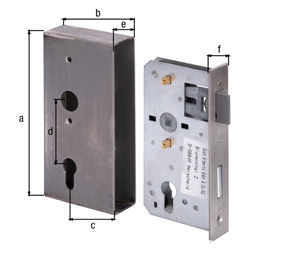 Lock case with galvanised lock, with countersunk screw holes, backset 55 mm, Material: case: raw steel, lock: raw steel, Surface: lock: galvanised, Height: 185 mm, Width: 90 mm, Size back set: 55 mm, Distance: 72 mm, Wide strike plate holder: 40 mm, Strike plate width: 33 mm, Strike plate height: 180.8 mm Lock case with galvanised lock, with countersunk screw holes, backset 55 mm, Material: case: raw steel, lock: raw steel, Surface: lock: galvanised, Height: 185 mm, Width: 90 mm, Size back set: 55 mm, Distance: 72 mm, Wide strike plate holder: 40 mm, Strike plate width: 33 mm, Strike plate height: 180.8 mm
