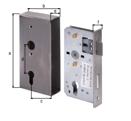 Lock case with galvanised lock, with countersunk screw holes, backset 55 mm, Material: case: raw steel, lock: raw steel, Surface: lock: galvanised, Height: 185 mm, Width: 90 mm, Size back set: 55 mm, Distance: 72 mm, Wide strike plate holder: 40 mm, Strike plate width: 33 mm, Strike plate height: 180.8 mm