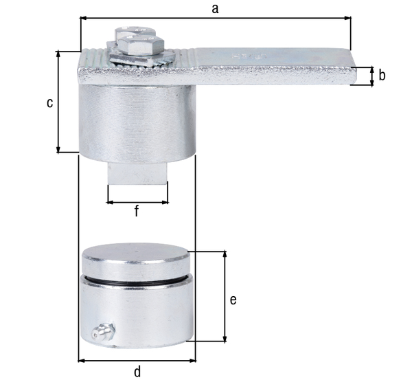 Pivot sur roulement conique, Matériau: Acier brut, Finition: zinguée, Longueur patte à souder: 115 mm, Hauteur de la pièce à souder: 8 mm, Hauteur: 40,5 mm, Diamètre du bloque à roulement bas et haut: 50 mm, Hauteur: 38 mm, Knauf: 25 x 25  mm