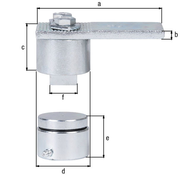 Pernio de pórtico sobre rodadura cónica, Material: Acero crudo, Superficie: galvanizado, Longitud pieza para soldar: 115 mm, Altura de la pieza soldada: 8 mm, Altura: 40,5 mm, Diámetro de la tapa y fijación: 50 mm, Altura: 38 mm, Knauf: 25 x 25 mm Pernio de pórtico sobre rodadura cónica, Material: Acero crudo, Superficie: galvanizado, Longitud pieza para soldar: 115 mm, Altura de la pieza soldada: 8 mm, Altura: 40,5 mm, Diámetro de la tapa y fijación: 50 mm, Altura: 38 mm, Knauf: 25 x 25 mm