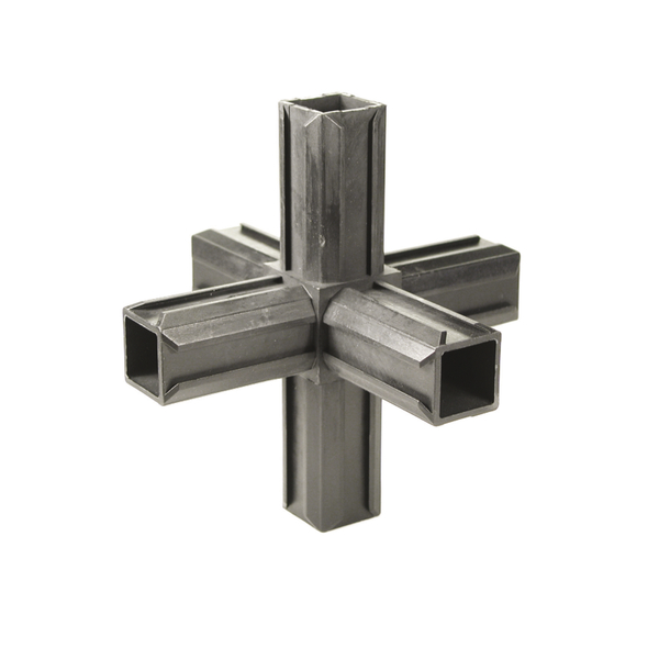 XD tube connector cross piece with two additional right-angled outlet, Material: polyamide 6, colour: black, For tube: 20 x 20 x 1.5 mm XD tube connector cross piece with two additional right-angled outlet, Material: polyamide 6, colour: black, For tube: 20 x 20 x 1.5 mm