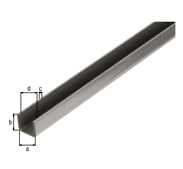 Perfil en U, Material: Acero crudo, laminado en frío, Anchura: 20 mm, Altura: 20 mm, Espesura del material: 1,5 mm, Anchura de apertura: 17 mm, Longitud: 2000 mm