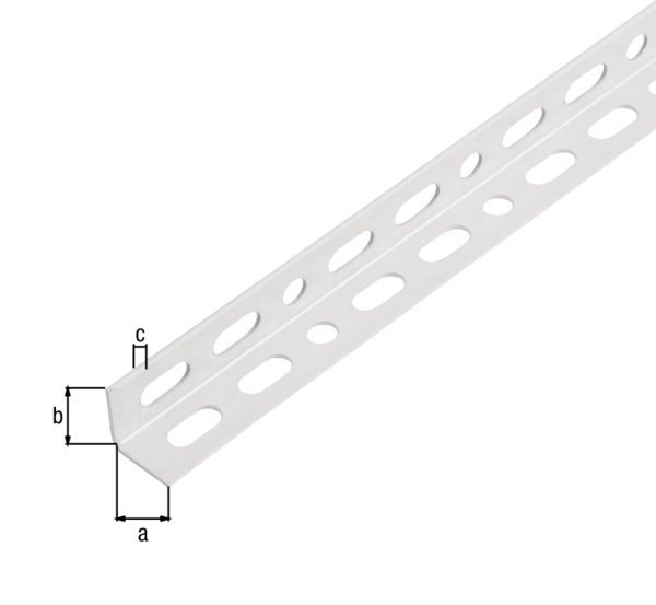 Conceptor® Angle profile, perforated, Material: raw steel, Surface: sendzimir galvanised, white powder-coated RAL 9016, Width: 15 mm, Height: 15 mm, Material thickness: 1 mm, Type: equal sided, Length: 1000 mm