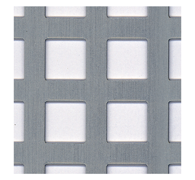 Perforated sheet, square holes, Material: Aluminium, Surface: silver anodised, Length: 500 mm, Width: 250 mm, Distance from middle to middle of hole: 15 mm, Material thickness: 0.80 mm