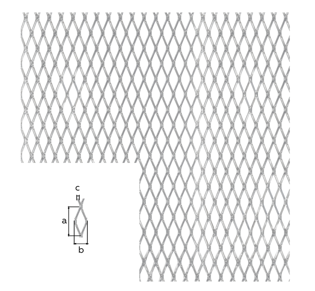 Expanded metal sheet, Material: Aluminium, Surface: silver anodised, Mesh length: 10.3 mm, Mesh width: 5 mm, Flitch plate width: 1 mm, Length: 500 mm, Width: 250 mm, Material thickness: 1.60 mm Expanded metal sheet, Material: Aluminium, Surface: silver anodised, Mesh length: 10.3 mm, Mesh width: 5 mm, Flitch plate width: 1 mm, Length: 500 mm, Width: 250 mm, Material thickness: 1.60 mm