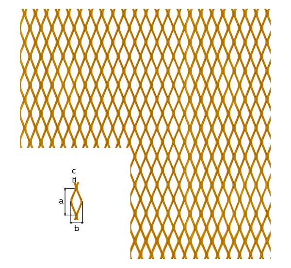 Streckmetallblech, Material: Aluminium, Oberfläche: goldfarbig eloxiert, Maschenlänge: 10,3 mm, Maschenbreite: 5 mm, Stegbreite: 1 mm, Länge: 1000 mm, Breite: 600 mm, Materialstärke: 1,60 mm
