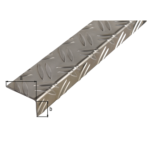 Angle profile, checker plate, Material: Aluminium, Surface: raw, Width: 43.5 mm, Height: 23.5 mm, Material thickness: 1.5 mm, Type: unequal sided, Length: 1000 mm Angle profile, checker plate, Material: Aluminium, Surface: raw, Width: 43.5 mm, Height: 23.5 mm, Material thickness: 1.5 mm, Type: unequal sided, Length: 1000 mm