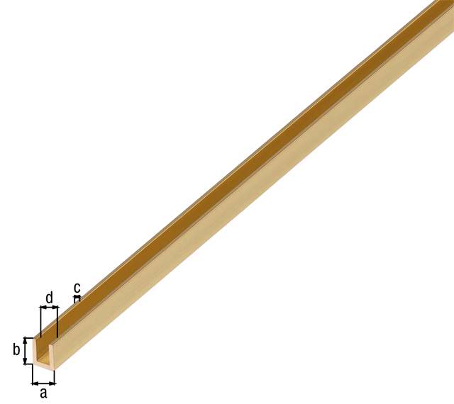Profil U, materiał: mosiądz, Szerokość: 6 mm, Wysokość: 6 mm, Grubość materiału: 1 mm, Szerokość światła: 4 mm, Długość: 1000 mm Profil U, materiał: mosiądz, Szerokość: 6 mm, Wysokość: 6 mm, Grubość materiału: 1 mm, Szerokość światła: 4 mm, Długość: 1000 mm