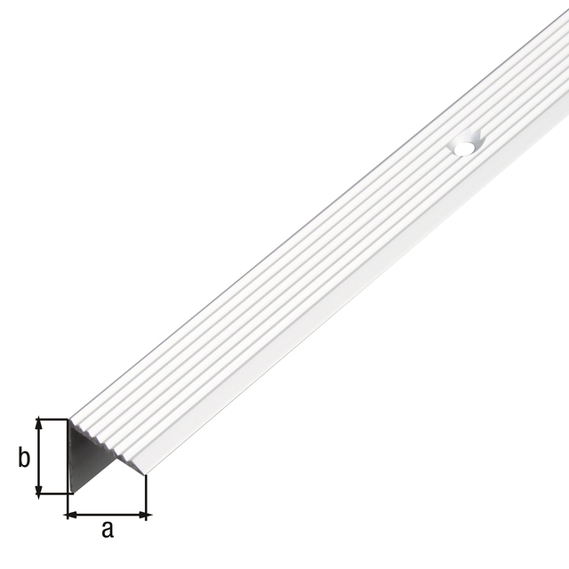 Treppenkanten-Schutzprofil, mit versenkten Schraublöchern, grob geriffelt, Material: Aluminium, Oberfläche: silberfarbig eloxiert, Breite: 20 mm, Höhe: 20 mm, Länge: 2000 mm, Materialstärke: 1,80 mm Treppenkanten-Schutzprofil, mit versenkten Schraublöchern, grob geriffelt, Material: Aluminium, Oberfläche: silberfarbig eloxiert, Breite: 20 mm, Höhe: 20 mm, Länge: 2000 mm, Materialstärke: 1,80 mm