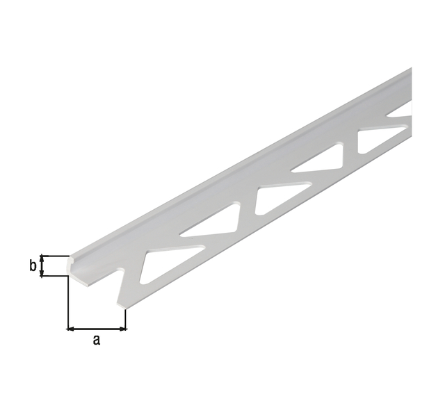 Perfil de tope para baldosas, Material: Plástico, color: blanco, Anchura: 23,5 mm, Altura: 6 mm, Longitud: 2500 mm, Espesura del material: 1,00 mm Perfil de tope para baldosas, Material: Plástico, color: blanco, Anchura: 23,5 mm, Altura: 6 mm, Longitud: 2500 mm, Espesura del material: 1,00 mm