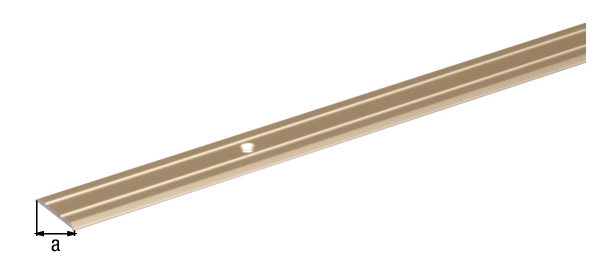 Übergangsprofil, Material: Aluminium, Oberfläche: goldfarbig eloxiert, mit versenkten Schraublöchern, Breite: 37,8 mm, Länge: 900 mm, Höhe über Boden: 2,10 mm, Materialstärke: 1,60 mm