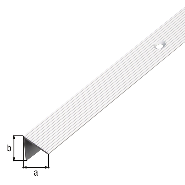 Perfiles de protección para bordes de escalón, con agujeros para atornillar avellanados, finamente acanalado, Material: Aluminio, Superficie: anodizado plateado, Anchura: 20 mm, Altura: 20 mm, Longitud: 1000 mm, Espesura del material: 1,80 mm Perfiles de protección para bordes de escalón, con agujeros para atornillar avellanados, finamente acanalado, Material: Aluminio, Superficie: anodizado plateado, Anchura: 20 mm, Altura: 20 mm, Longitud: 1000 mm, Espesura del material: 1,80 mm
