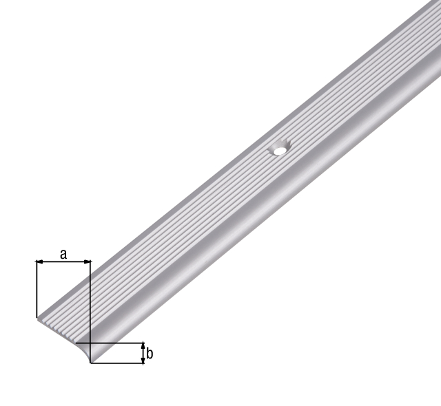 Stair nosing, with countersunk screw holes, Material: Aluminium, Surface: silver anodised, Width: 23 mm, Height: 5 mm, Length: 1000 mm, Material thickness: 1.80 mm Stair nosing, with countersunk screw holes, Material: Aluminium, Surface: silver anodised, Width: 23 mm, Height: 5 mm, Length: 1000 mm, Material thickness: 1.80 mm