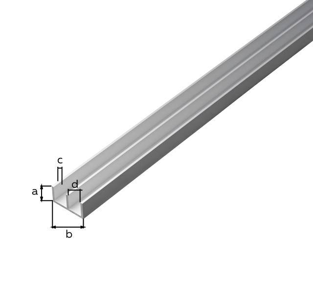 Perfil doble en U, Material: Aluminio, Superficie: anodizado plateado, Altura: 7 mm, Anchura total: 16 mm, Espesura del material: 1 mm, Dimensión interior: 6,5 mm, Longitud: 1000 mm