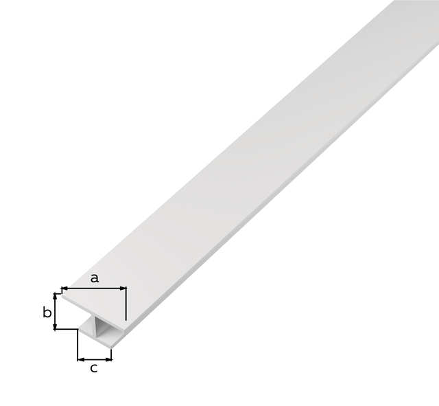 Profil H, materiał: PVC-U, kolor: biały, Szerokość u góry: 22 mm, Wysokość: 3,5 mm, Szerokość dół: 11 mm, Grubość materiału: 1 mm, Długość: 1000 mm Profil H, materiał: PVC-U, kolor: biały, Szerokość u góry: 22 mm, Wysokość: 3,5 mm, Szerokość dół: 11 mm, Grubość materiału: 1 mm, Długość: 1000 mm