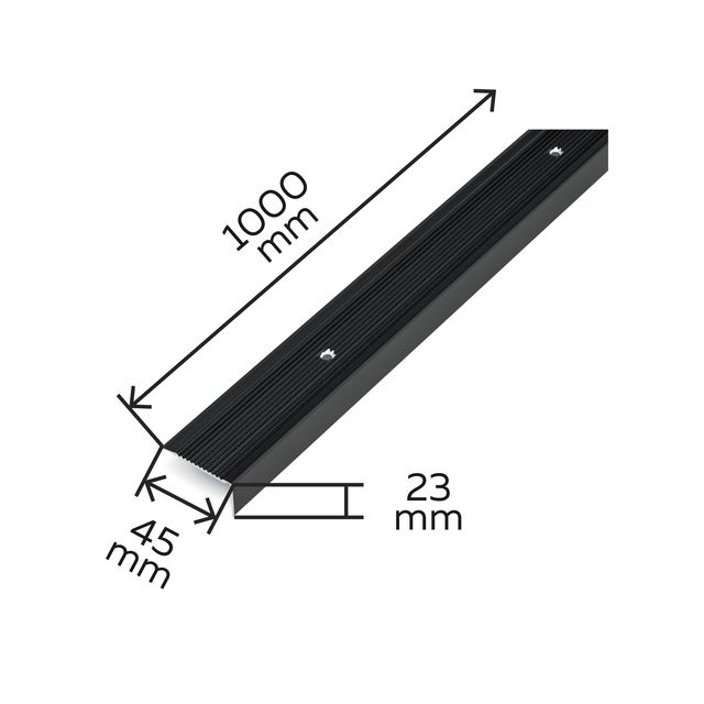 Treppenkanten-Schutzprofil, gebohrt, mit versenkten Schraublöchern, Material: Aluminium, Oberfläche: matt schwarz mit Feinstruktur kunststoffbeschichtet RAL 9005, Breite: 45 mm, Höhe: 23 mm, Länge: 1000 mm, Materialstärke: 2,50 mm, SB-verpackt Treppenkanten-Schutzprofil, gebohrt, mit versenkten Schraublöchern, Material: Aluminium, Oberfläche: matt schwarz mit Feinstruktur kunststoffbeschichtet RAL 9005, Breite: 45 mm, Höhe: 23 mm, Länge: 1000 mm, Materialstärke: 2,50 mm, SB-verpackt