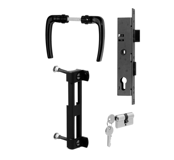 Accessory kit for aluminium single and double gates, Material: raw steel, Surface: galvanised, stop: black matt powder-coated, 15-year warranty against rusting through Accessory kit for aluminium single and double gates, Material: raw steel, Surface: galvanised, stop: black matt powder-coated, 15-year warranty against rusting through