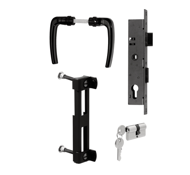 Accessory kit for aluminium single and double gates, Material: raw steel, Surface: galvanised, stop: black matt powder-coated, 15-year warranty against rusting through Accessory kit for aluminium single and double gates, Material: raw steel, Surface: galvanised, stop: black matt powder-coated, 15-year warranty against rusting through