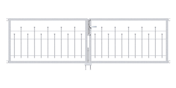 Double gate Madrid, Material: raw steel, Surface: hot-dip galvanised passivated, Nominal width: 3000 mm, Clear width: 3000 mm, Frame width gate leaf: 1425 mm, Frame width second gate leaf: 1425 mm, Height: 800 mm, Frame width: 2880 mm, Frame thickness: 40 x 40 mm, 15-year warranty against rusting through Double gate Madrid, Material: raw steel, Surface: hot-dip galvanised passivated, Nominal width: 3000 mm, Clear width: 3000 mm, Frame width gate leaf: 1425 mm, Frame width second gate leaf: 1425 mm, Height: 800 mm, Frame width: 2880 mm, Frame thickness: 40 x 40 mm, 15-year warranty against rusting through