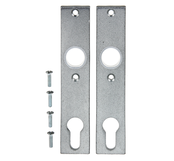 Protective plate, with countersunk screw holes, Material: raw steel, Surface: forged, galvanised, silver grey stove enamelled, Contents per PU: 2 Piece, Length: 155 mm, Width: 30 mm, Material thickness: 6.00 mm, Distance: 72 mm, 15-year warranty against rusting through, Retail packaged Protective plate, with countersunk screw holes, Material: raw steel, Surface: forged, galvanised, silver grey stove enamelled, Contents per PU: 2 Piece, Length: 155 mm, Width: 30 mm, Material thickness: 6.00 mm, Distance: 72 mm, 15-year warranty against rusting through, Retail packaged