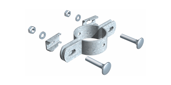 Double ring clip, for fixing fence panels to posts, Material: raw steel, Surface: hot-dip galvanised, For posts-Ø: 34 mm, Screw: M6, Screw length: 25 mm, 15-year warranty against rusting through Double ring clip, for fixing fence panels to posts, Material: raw steel, Surface: hot-dip galvanised, For posts-Ø: 34 mm, Screw: M6, Screw length: 25 mm, 15-year warranty against rusting through