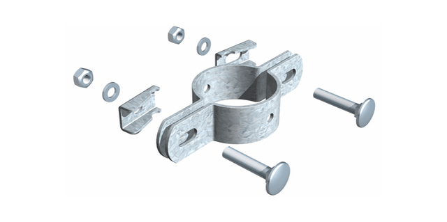Double ring clip, for fixing fence panels to posts, Material: raw steel, Surface: hot-dip galvanised, For posts-Ø: 34 mm, Screw: M6, Screw length: 25 mm, 15-year warranty against rusting through Double ring clip, for fixing fence panels to posts, Material: raw steel, Surface: hot-dip galvanised, For posts-Ø: 34 mm, Screw: M6, Screw length: 25 mm, 15-year warranty against rusting through