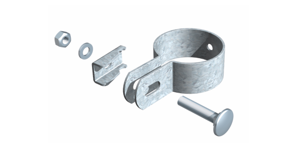 End clip, for fixing fence panels to posts, Material: raw steel, Surface: hot-dip galvanised, For posts-Ø: 34 mm, Screw: M6, Screw length: 25 mm, 15-year warranty against rusting through End clip, for fixing fence panels to posts, Material: raw steel, Surface: hot-dip galvanised, For posts-Ø: 34 mm, Screw: M6, Screw length: 25 mm, 15-year warranty against rusting through