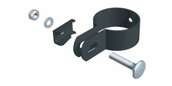Endschelle, zur Befestigung von Zaunfeldern an Pfosten, Material: Stahl roh, Oberfläche: sendzimirverzinkt, anthrazit kunststoffbeschichtet RAL 7016, für Pfosten-Ø: 34 mm, Schraube: M6, Schraubenlänge: 25 mm, 15 Jahre Garantie gegen Durchrosten