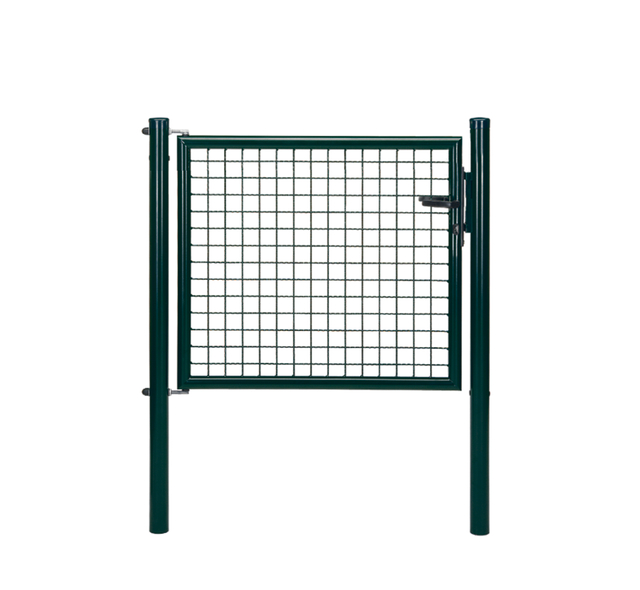 Wellengitter-Einzeltor, Material: Stahl roh, Oberfläche: zinkphosphatiert, grün kunststoffbeschichtet RAL 6005, zum Einbetonieren, Nennbreite: 1000 mm, lichte Breite: 940 mm, Breite von Mitte zu Mitte Pfosten: 1000 mm, Höhe: 750 mm, Pfostenlänge: 1250 mm, Pfosten-Ø: 60 mm, Rahmenbreite: 880 mm, Rahmenstärke-Ø: 42 mm, Material Füllung: 50 x 50 x 4 mm, 10 Jahre Garantie gegen Durchrosten