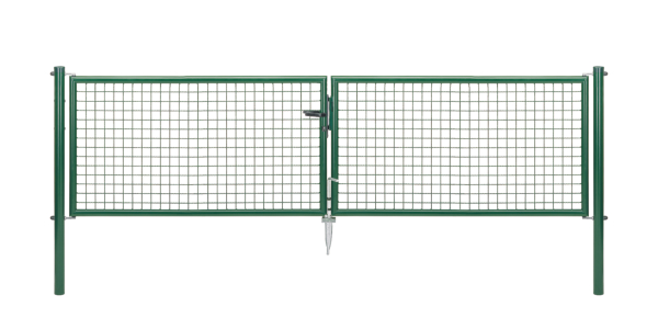 Welded mesh double gate, Material: raw steel, Surface: zinc phosphate plated, green powder-coated RAL 6005, for setting in concrete, Type: divided in the middle, Nominal width: 3000 mm, Clear width: 2928 mm, Frame width gate leaf: 1419 mm, Frame width second gate leaf: 1419 mm, Width from middle to middle of post: 2988 mm, Height: 750 mm, Post length: 1250 mm, Post dia.: 60 mm, Frame thickness Ø: 42 mm, Filler material: 50 x 50 x 4 mm, 10-year warranty against rusting through Welded mesh double gate, Material: raw steel, Surface: zinc phosphate plated, green powder-coated RAL 6005, for setting in concrete, Type: divided in the middle, Nominal width: 3000 mm, Clear width: 2928 mm, Frame width gate leaf: 1419 mm, Frame width second gate leaf: 1419 mm, Width from middle to middle of post: 2988 mm, Height: 750 mm, Post length: 1250 mm, Post dia.: 60 mm, Frame thickness Ø: 42 mm, Filler material: 50 x 50 x 4 mm, 10-year warranty against rusting through