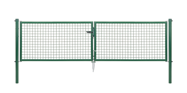 Welded mesh double gate, Material: raw steel, Surface: zinc phosphate plated, green powder-coated RAL 6005, for setting in concrete, Type: divided in the middle, Nominal width: 3000 mm, Clear width: 2928 mm, Frame width gate leaf: 1419 mm, Frame width second gate leaf: 1419 mm, Width from middle to middle of post: 2988 mm, Height: 750 mm, Post length: 1250 mm, Post dia.: 60 mm, Frame thickness Ø: 42 mm, Filler material: 50 x 50 x 4 mm, 10-year warranty against rusting through Welded mesh double gate, Material: raw steel, Surface: zinc phosphate plated, green powder-coated RAL 6005, for setting in concrete, Type: divided in the middle, Nominal width: 3000 mm, Clear width: 2928 mm, Frame width gate leaf: 1419 mm, Frame width second gate leaf: 1419 mm, Width from middle to middle of post: 2988 mm, Height: 750 mm, Post length: 1250 mm, Post dia.: 60 mm, Frame thickness Ø: 42 mm, Filler material: 50 x 50 x 4 mm, 10-year warranty against rusting through