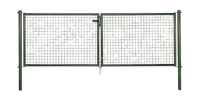 Welded mesh double gate, Material: raw steel, Surface: galvanised, green powder-coated RAL 6005, for setting in concrete, Type: divided in the middle, Nominal width: 3000 mm, Clear width: 2928 mm, Frame width gate leaf: 1419 mm, Frame width second gate leaf: 1419 mm, Width from middle to middle of post: 2988 mm, Height: 1000 mm, Post length: 1500 mm, Post dia.: 60 mm, Frame thickness Ø: 42 mm, Filler material: 50 x 50 x 4 mm, 15-year warranty against rusting through