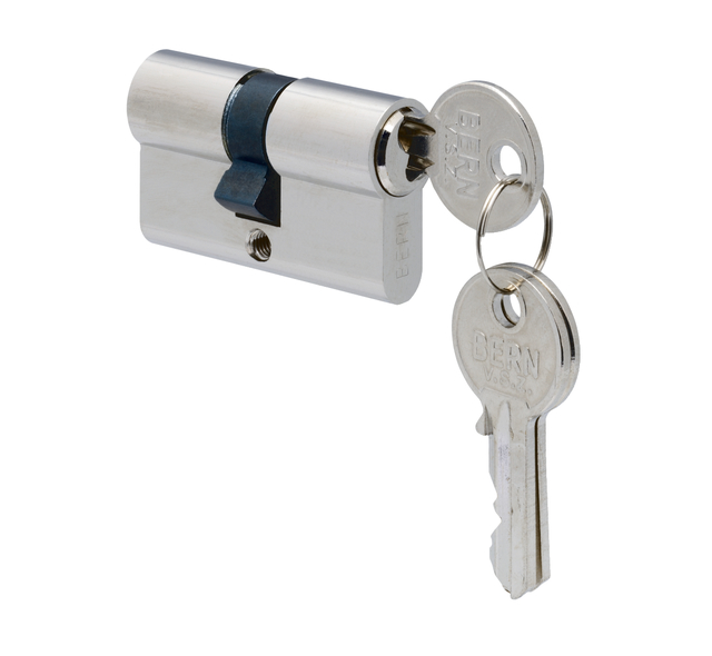 Profilzylinder mit zwei Schlüsseln, Material: Messing, Oberfläche: vernickelt, Länge: 44 mm, Größe: 22/22 Profilzylinder mit zwei Schlüsseln, Material: Messing, Oberfläche: vernickelt, Länge: 44 mm, Größe: 22/22