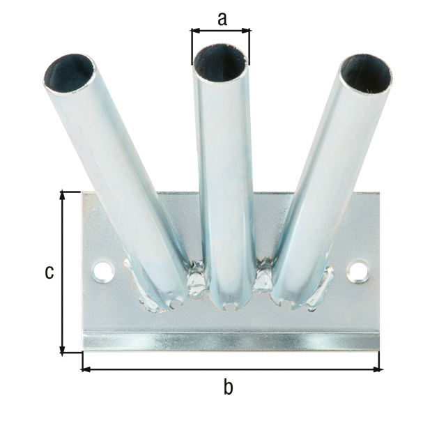 Uchwyt do flag do zamocowania na ścianie, potrójny, materiał: stal surowa, powierzchnia: ocynkowana galwanicznie, pasywowana na niebiesko, Rurka pomocnicza-Ø: 25 mm, Szerokość płyty: 140 mm, Wysokość płyty: 75 mm, Głębokość wbicia: 160 mm, Średnica wewnętrzna: 23 mm, Grubość materiału: 3,00 mm, Ilość otworów: 2, Otwór: Ø8 mm Uchwyt do flag do zamocowania na ścianie, potrójny, materiał: stal surowa, powierzchnia: ocynkowana galwanicznie, pasywowana na niebiesko, Rurka pomocnicza-Ø: 25 mm, Szerokość płyty: 140 mm, Wysokość płyty: 75 mm, Głębokość wbicia: 160 mm, Średnica wewnętrzna: 23 mm, Grubość materiału: 3,00 mm, Ilość otworów: 2, Otwór: Ø8 mm