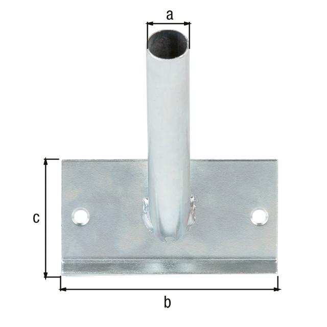 Uchwyt do flag do zamocowania na ścianie, pojedynczy, materiał: stal surowa, powierzchnia: ocynkowana galwanicznie, pasywowana na niebiesko, Rurka pomocnicza-Ø: 25 mm, Szerokość płyty: 130 mm, Wysokość płyty: 70 mm, Głębokość wbicia: 160 mm, Średnica wewnętrzna: 23 mm, Grubość materiału: 3,00 mm, Ilość otworów: 2, Otwór: Ø8 mm Uchwyt do flag do zamocowania na ścianie, pojedynczy, materiał: stal surowa, powierzchnia: ocynkowana galwanicznie, pasywowana na niebiesko, Rurka pomocnicza-Ø: 25 mm, Szerokość płyty: 130 mm, Wysokość płyty: 70 mm, Głębokość wbicia: 160 mm, Średnica wewnętrzna: 23 mm, Grubość materiału: 3,00 mm, Ilość otworów: 2, Otwór: Ø8 mm