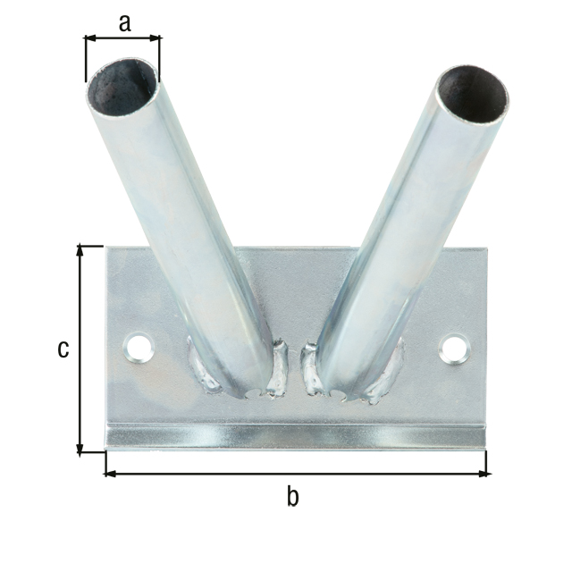 Uchwyt do flag do zamocowania na ścianie, podwójny, materiał: stal surowa, powierzchnia: ocynkowana galwanicznie, pasywowana na niebiesko, Rurka pomocnicza-Ø: 25 mm, Szerokość płyty: 130 mm, Wysokość płyty: 70 mm, Głębokość wbicia: 160 mm, Średnica wewnętrzna: 23 mm, Grubość materiału: 3,00 mm, Ilość otworów: 2, Otwór: Ø8 mm