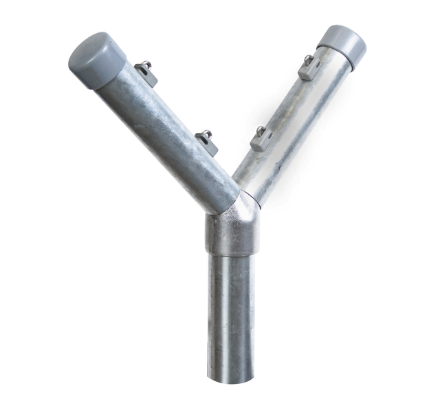 Stacheldrahtaufsetzer, zweiseitige Steckverbindung, Material: Stahl roh, Oberfläche: feuerverzinkt, Länge: 200 mm, Abwinkelung: 45 / 45 °, Aufsetzer-Ø: 60 mm, Pfosten-Ø: 60 mm, Anzahl Drahthalter: 2, 15 Jahre Garantie gegen Durchrosten