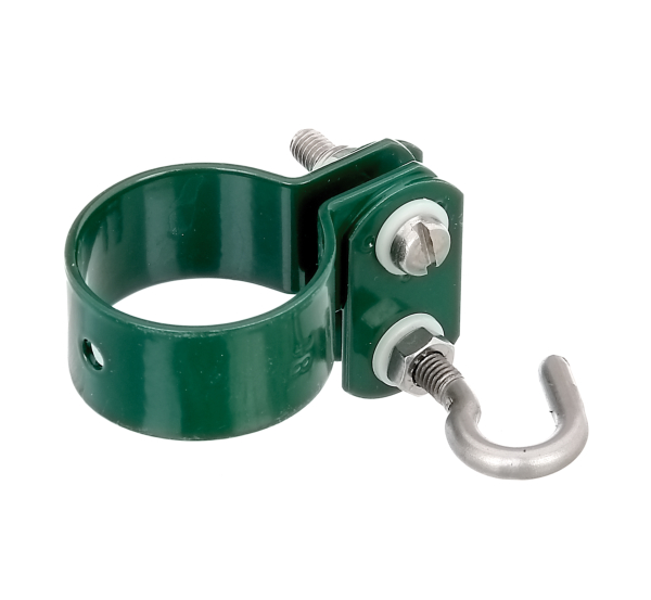 Ring clip for double-sided fixing mesh tension bars, clip bolt possible at the same height on both sides of the posts, Material: raw steel, Surface: galvanised, green powder-coated RAL 6005, Circlip dia.: 38 mm, 15-year warranty against rusting through Ring clip for double-sided fixing mesh tension bars, clip bolt possible at the same height on both sides of the posts, Material: raw steel, Surface: galvanised, green powder-coated RAL 6005, Circlip dia.: 38 mm, 15-year warranty against rusting through